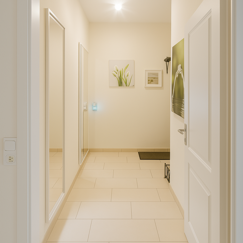 Monteurzimmer Bremerhaven Schmiedestraße 1 – heller Flur mit großem Spiegel und Wanddekoration