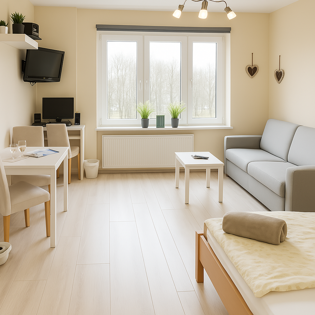 Monteurzimmer Bremerhaven Schmiedestraße 1 – Einzimmerwohnung - Wohn-Schlafzimmer, mit Arbeitsbereich u. WLAN
