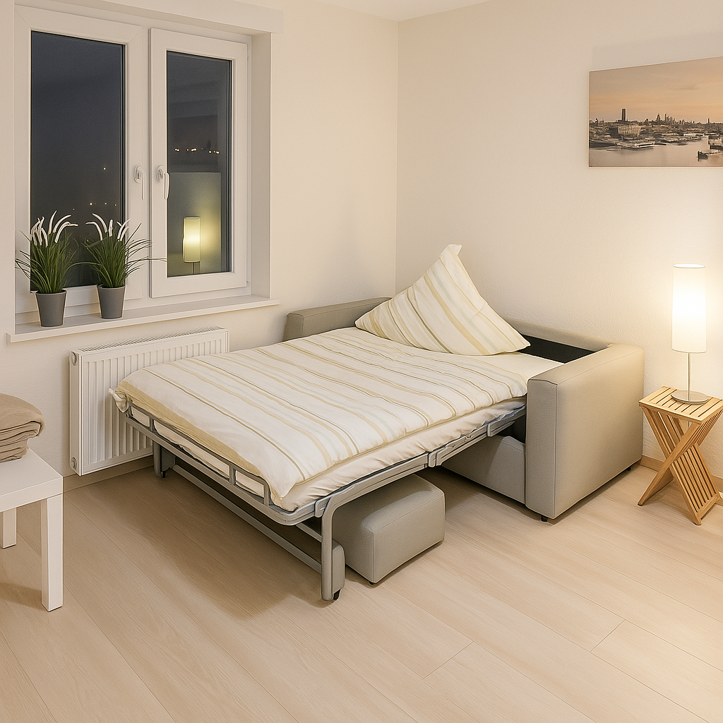 Monteurzimmer Bremerhaven Schmiedestraße 1 – Schlafcouch im Wohn-/Schlafbereich mit Lampe und Fenster