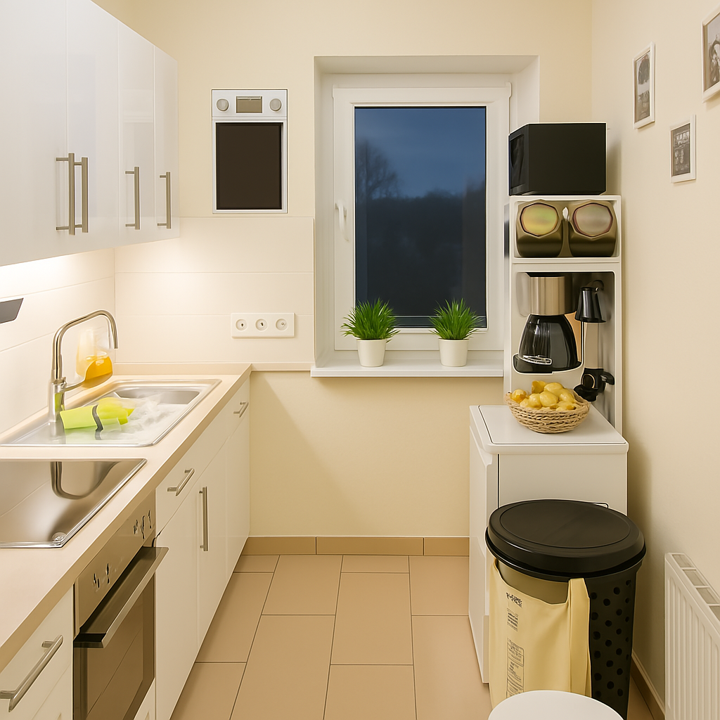 Monteurzimmer Bremerhaven Schmiedestraße 1 – voll ausgestattete Küche mit Herd, Spüle und Fenster