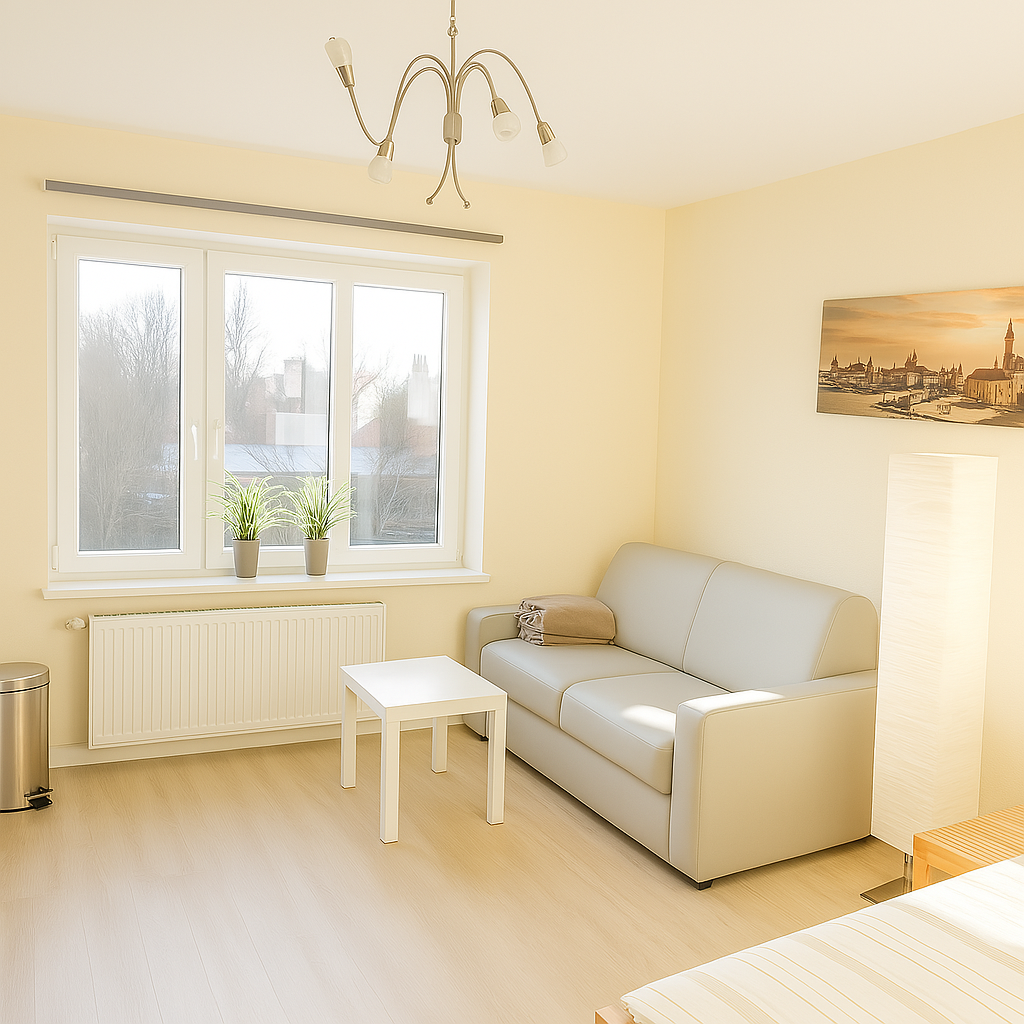 Monteurzimmer Bremerhaven Schmiedestraße 1 – heller Wohnbereich mit Sofa, Tisch und großem Fenster